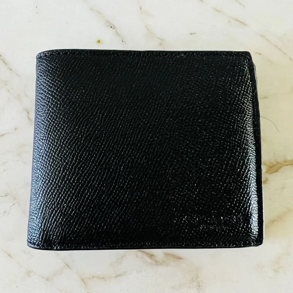 COACH Compact ID Cross Black Crossgrain Leather Bi-Fold Wallet